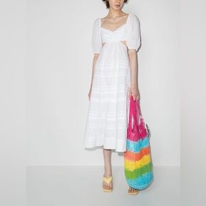 $425 STAUD Carina Dress white poplin cut out puff sleeve cotton‎ textured tiered